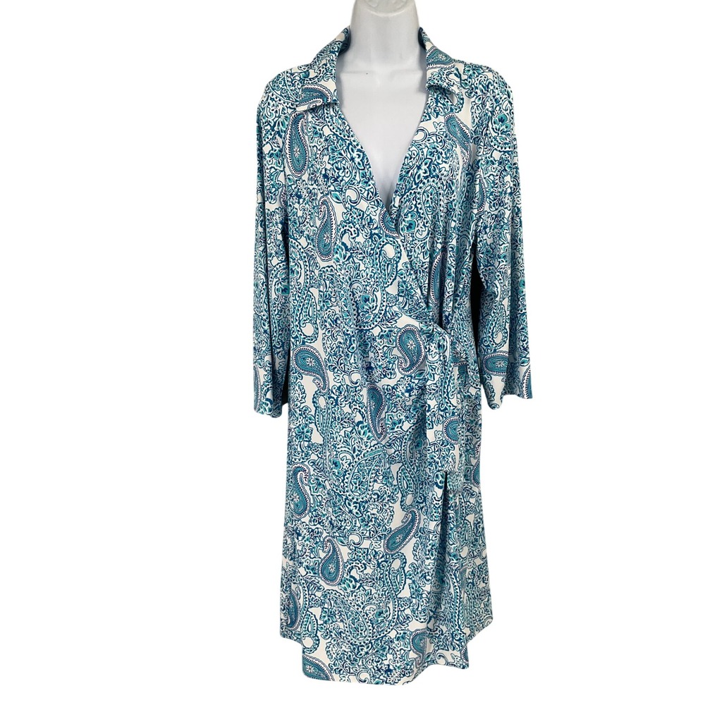 Talbots Wrap Dress Womens XL Blue Paisley Collared Long Sleeve Classic Preppy